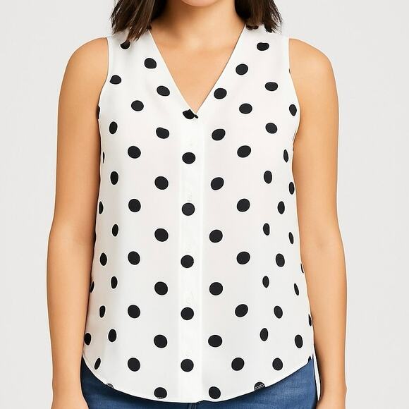 Y2K Black White Polka Dot Sleeveless Blouse Button Down Sheer Tank Top Sz Large - Picture 1 of 8
